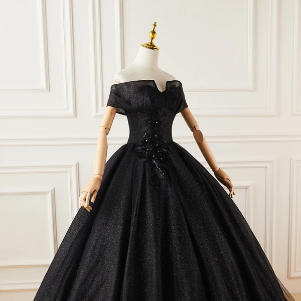 Élégant Noire Glitter Robe De Bal 2022 Robe Boule De l'épaule Faux Diamant Paillettes En Dentelle Fleur Manches Courtes Dos Nu Longue Robe De Bal