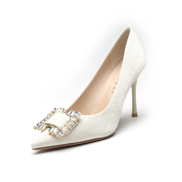 Chic / Beautiful Beige Rhinestone Sequins Evening Party Satin Pumps 2022 9 cm Stiletto Heels Pointed Toe Pumps High Heels