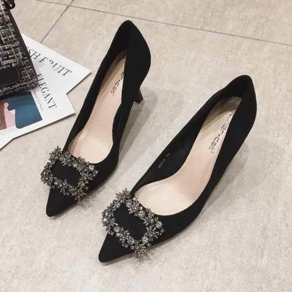 Schöne Schwarz Strass Wildleder Ball Pumps 2022 8 cm Stilettos Spitzschuh Pumps Hochhackige