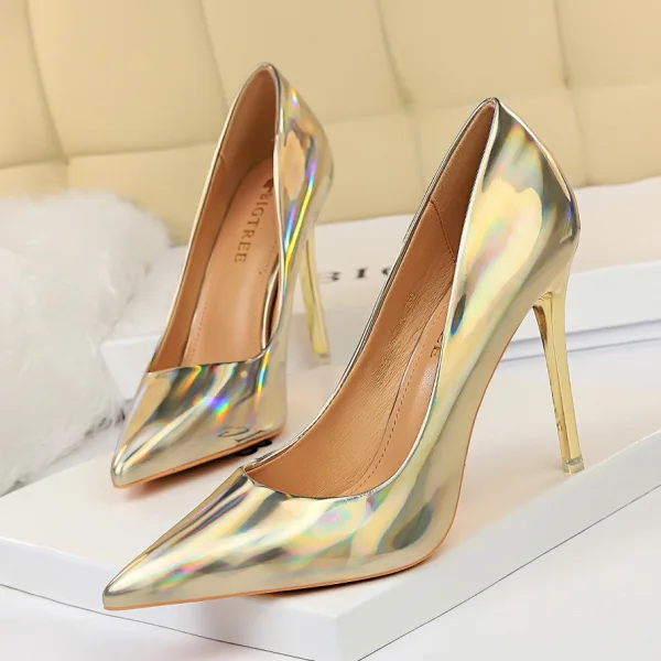 Unusual Black Metal Patent Leather Cocktail Party Pumps 2022 10 cm Stiletto Heels Pointed Toe Pumps High Heels