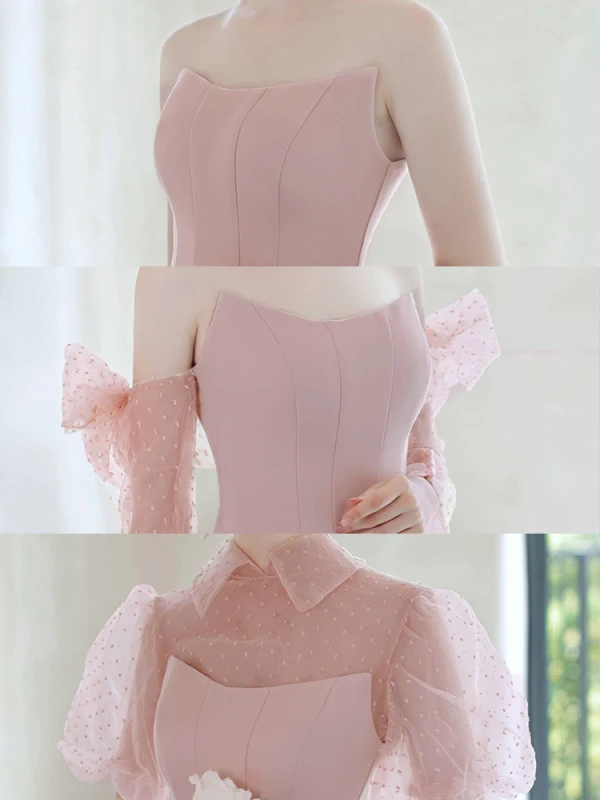 Elegant Blushing Pink Spotted Prom Dresses 2021 A-Line / Princess Short Sleeve Backless Floor-Length / Long Formal Dresses
