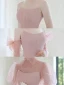 Elegant Blushing Pink Spotted Prom Dresses 2021 A-Line / Princess Short Sleeve Backless Floor-Length / Long Formal Dresses