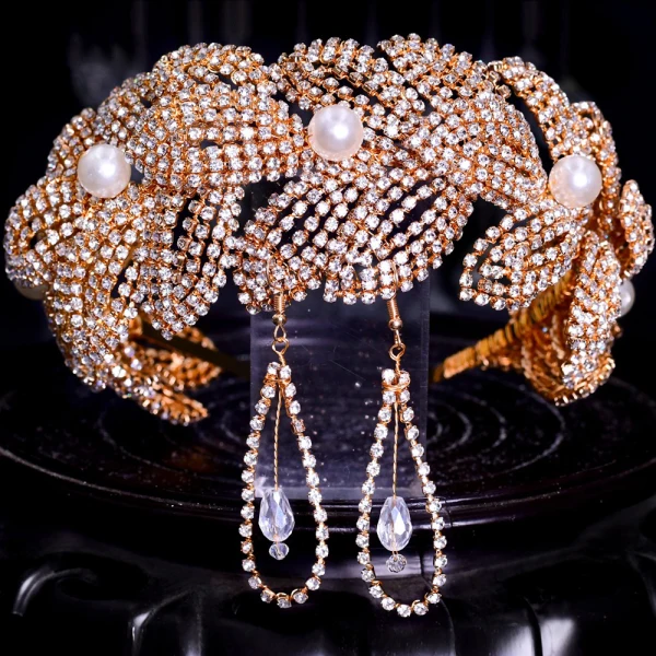 Sjarmerende Gull Perle Rhinestone Legering Har Tilbehor 2022 Bryllup Tilbehør Hodepynt Hårbøyle