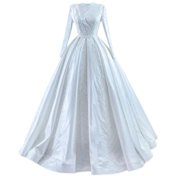 Muslim Elegant White Satin Wedding Dresses 2022 Ball Gown High Neck Handmade  Beading Pearl Lace Flower Long Sleeve Floor-Length / Long Wedding