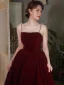 Chic / Beautiful Burgundy Suede Pearl Prom Dresses 2021 A-Line / Princess Spaghetti Straps Sleeveless Tea-length Formal Dresses
