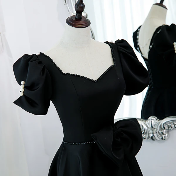 Elegant Black Prom Dresses 2022 A-Line / Princess Square Neckline Puffy Short Sleeve Bow Backless Floor-Length / Long Formal Dresses