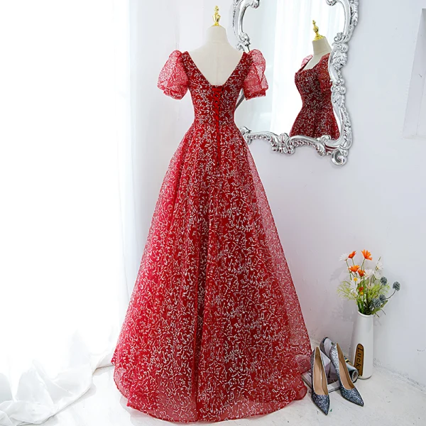 Chic / Belle Bordeaux Glitter Paillettes Robe De Bal 2022 Princesse Encolure Carrée Gonflée Manches Courtes Dos Nu Longue Robe De Ceremonie