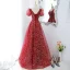 Chic / Belle Bordeaux Glitter Paillettes Robe De Bal 2022 Princesse Encolure Carrée Gonflée Manches Courtes Dos Nu Longue Robe De Ceremonie