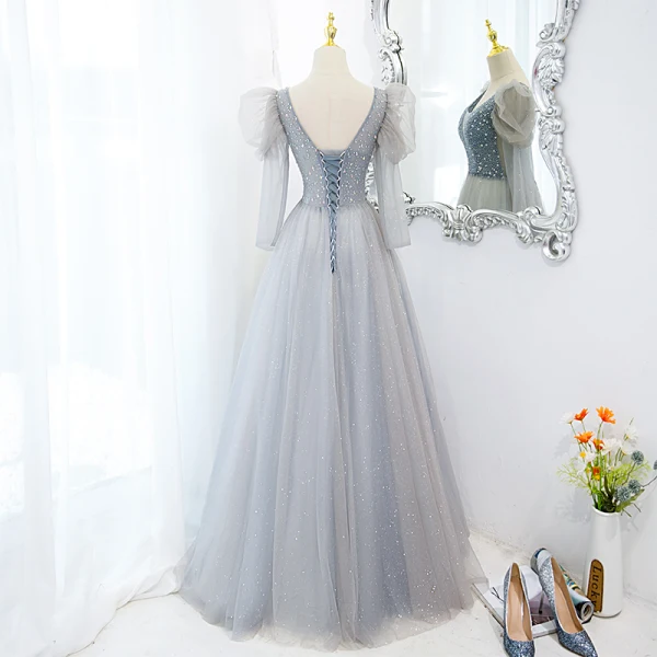 Chic / Beautiful Sky Blue Prom Dresses 2022 A-Line / Princess V-Neck Puffy Short Sleeve Backless Beading Rhinestone Sequins Floor-Length / Long Formal Dresses