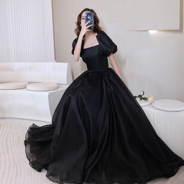 Modest Simple Black Prom Dresses 2022 A-Line Princess Off-The-Shoulder Short Sleeve Long