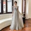 Modest / Simple Grey Bridesmaid Dresses 2022 A-Line / Princess Scoop Neck Short Sleeve Backless Floor-Length / Long Bridesmaid Dresses