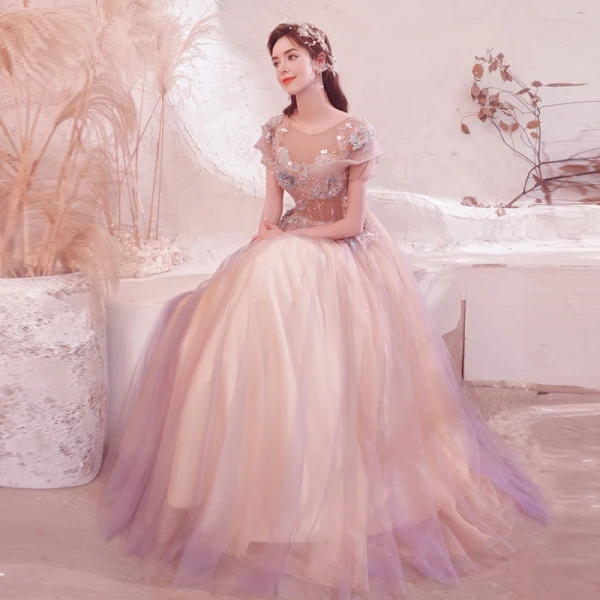 Charmant Rougissant Rose Perlage Perle Paillettes En Dentelle Fleur Robe De Bal 2021 Princesse Encolure Dégagée Manches Courtes Dos Nu Longue Robe De Ceremonie