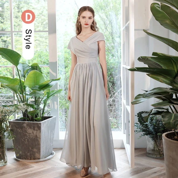 Modest / Simple Grey Bridesmaid Dresses 2022 A-Line / Princess Short Sleeve Backless Floor-Length / Long Bridesmaid Dresses