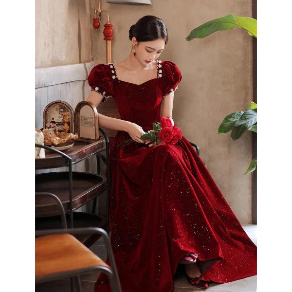 Elegant Burgundy Suede Prom Dresses 2022 A-Line / Princess Square Neckline Puffy Short Sleeve Backless Pearl Sequins Floor-Length / Long Formal Dresses