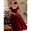 Elegant Burgundy Suede Prom Dresses 2022 A-Line / Princess Square Neckline Puffy Short Sleeve Backless Pearl Sequins Floor-Length / Long Formal Dresses