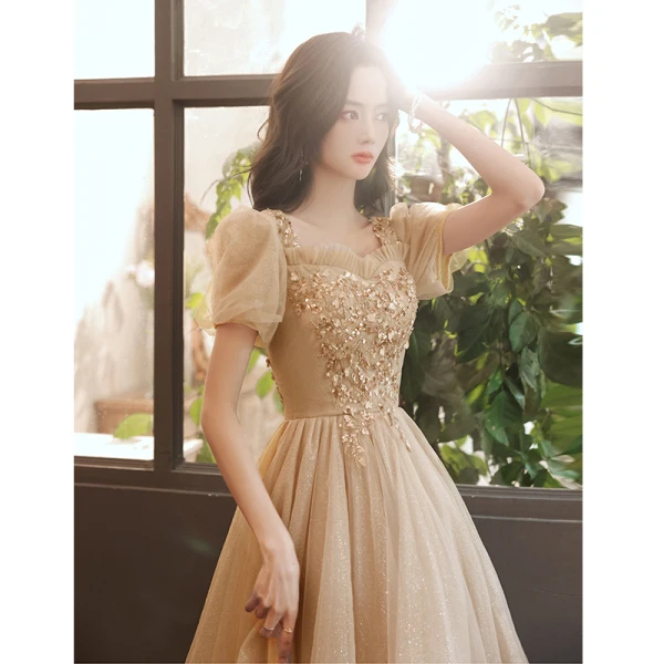 Chic / Belle Champagne Perlage Paillettes Robe De Bal 2022 Princesse Encolure Carrée Manches Courtes Dos Nu Longue Robe De Ceremonie
