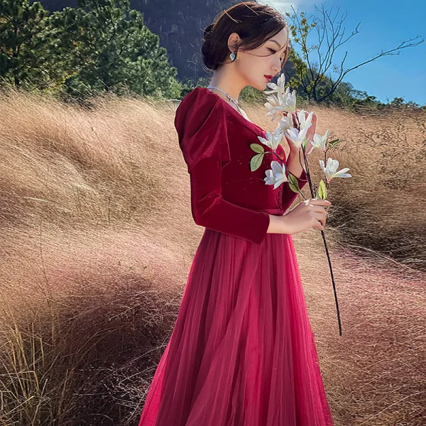 Chic / Beautiful Burgundy Winter Velour Prom Dresses 2022 A-Line / Princess Square Neckline Long Sleeve Backless Floor-Length / Long Prom Formal Dresses