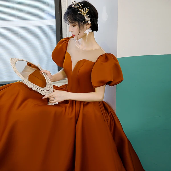 Elegant Orange Satin Prom Dresses 2022 A-Line / Princess Scoop Neck Puffy Short Sleeve Floor-Length / Long Formal Dresses