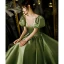 Elegant Olive Green Satin Prom Dresses 2022 A-Line / Princess Scoop Neck Puffy Short Sleeve Floor-Length / Long Formal Dresses