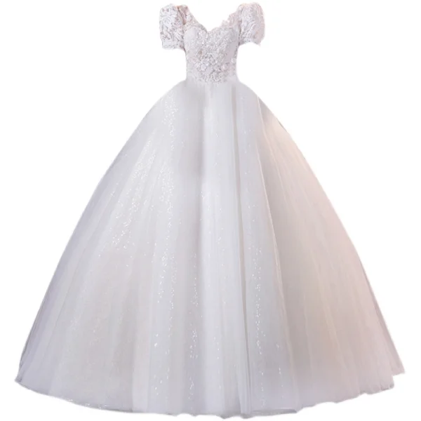 Charming Ivory Beading Wedding Dresses 2021 Ball Gown V-Neck Lace Flower Appliques Sequins Short Sleeve Backless Floor-Length / Long Wedding