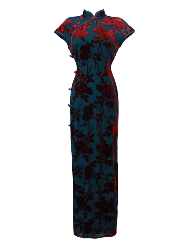 Vintage / Retro Ink Blue Velour Suede Cheongsam 2022 Trumpet / Mermaid High Neck Sleeveless Split Front Tea-length Evening Party Cheongsam / Qipao