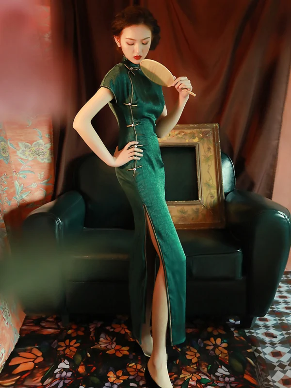 Vintage / Retro Dark Green Evening Party Cheongsam 2022 Trumpet / Mermaid High Neck Short Sleeve Split Front Tea-length Cheongsam / Qipao