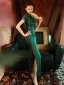 Vintage / Retro Dark Green Evening Party Cheongsam 2022 Trumpet / Mermaid High Neck Short Sleeve Split Front Tea-length Cheongsam / Qipao
