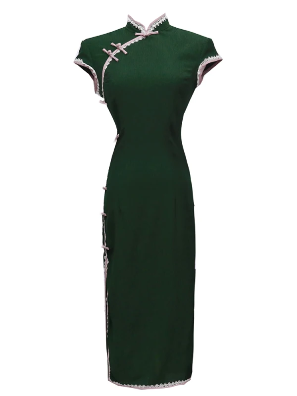 Vintage / Retro Dark Green Evening Party Cheongsam 2022 Trumpet / Mermaid High Neck Sleeveless Tea-length Split Front Cheongsam / Qipao