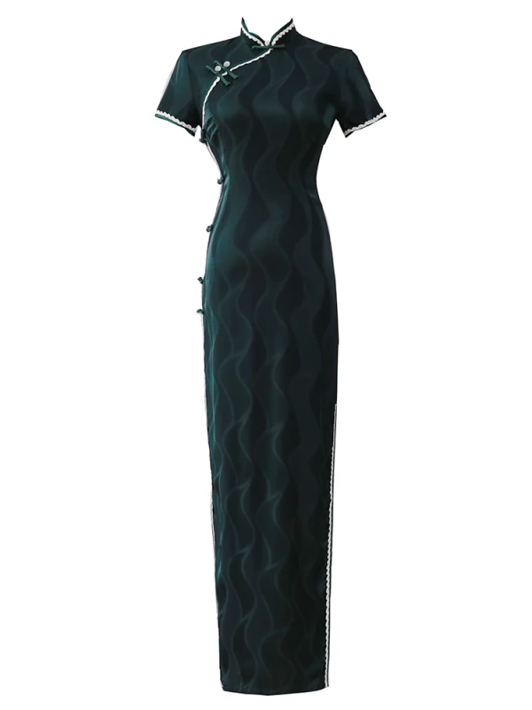 Vintage / Retro Cheongsam 2022 Trumpet / Mermaid High Neck Short Sleeve Split Front Tea-length Evening Party Cheongsam / Qipao Dark Green