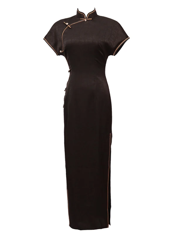 Vintage / Retro Black Evening Party Cheongsam 2022 Trumpet / Mermaid High Neck Short Sleeve Split Front Tea-length Cheongsam / Qipao