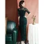Vintage / Retro Dark Green Split Front Cheongsam 2022 Trumpet / Mermaid High Neck Short Sleeve Tea-length Evening Party Cheongsam / Qipao