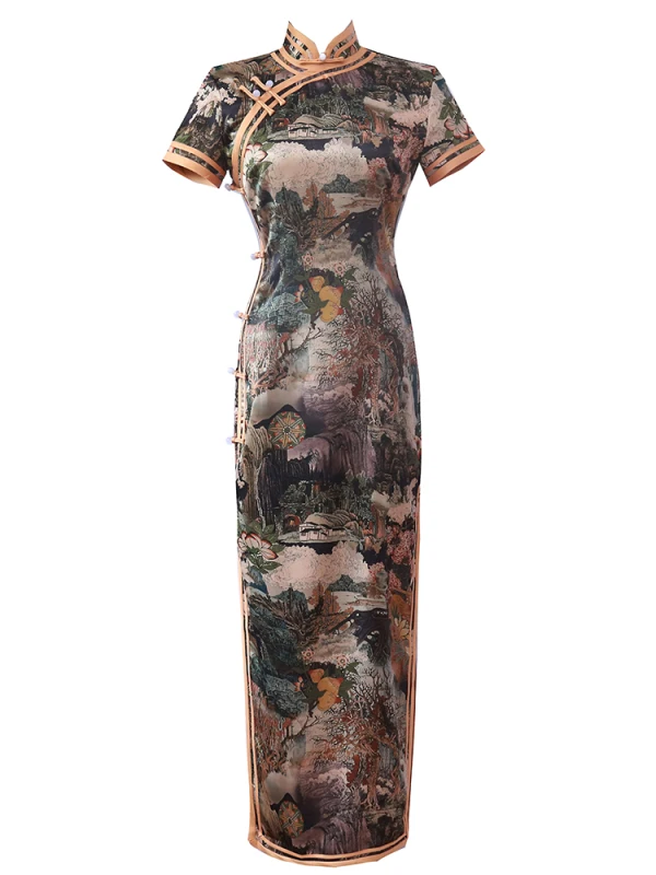Chiński Styl Vintage Szampan Druk Cheongsam 2022 Syrena / Rozkloszowane Wysokiej Szyi Kótkie Rękawy Podział Przodu Długość Herbaty Wieczorowe Cheongsam
