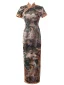 Chiński Styl Vintage Szampan Druk Cheongsam 2022 Syrena / Rozkloszowane Wysokiej Szyi Kótkie Rękawy Podział Przodu Długość Herbaty Wieczorowe Cheongsam