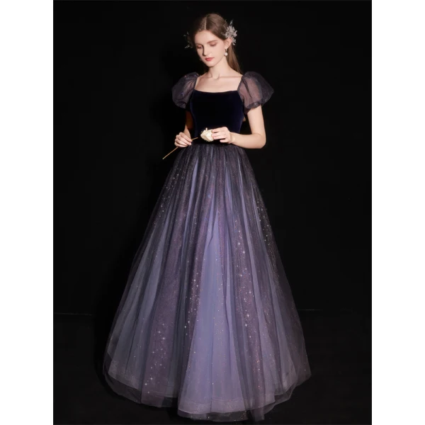 Charmant Violet Glitter Paillettes Robe De Bal 2022 Princesse De l'épaule Manches Courtes Noeud Dos Nu Longue Robe De Ceremonie