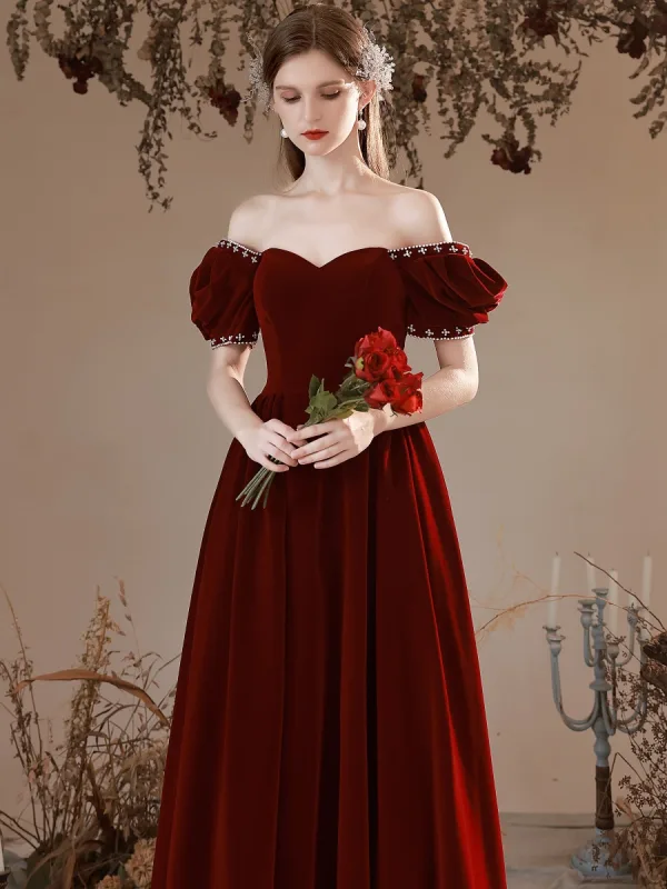 Elegant Burgundy Pearl Suede Prom Dresses 2022 A-Line / Princess Square Neckline Short Sleeve Backless Floor-Length / Long Formal Dresses