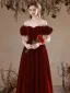 Elegant Burgundy Pearl Suede Prom Dresses 2022 A-Line / Princess Square Neckline Short Sleeve Backless Floor-Length / Long Formal Dresses