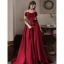 Chic / Beautiful Burgundy Prom Dresses 2022 A-Line / Princess Strapless Bow Sleeveless Backless Sweep Train Satin Prom Formal Dresses