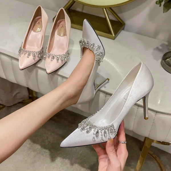 Charming Ivory Satin Rhinestone Wedding Shoes 2022 9 cm Stiletto Heels Pointed Toe Wedding Pumps High Heels