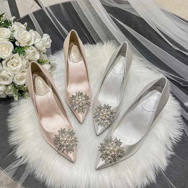 Elegant Ivory Pearl Rhinestone Wedding Shoes 2022 Satin 9 cm Stiletto Heels Pointed Toe Wedding Pumps High Heels