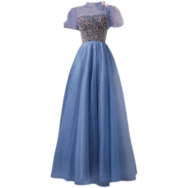 Fashion Ocean Blue Prom Dresses 2021 A-Line / Princess High Neck Beading Pearl Sequins Short Sleeve Backless Floor-Length / Long Formal Dresses