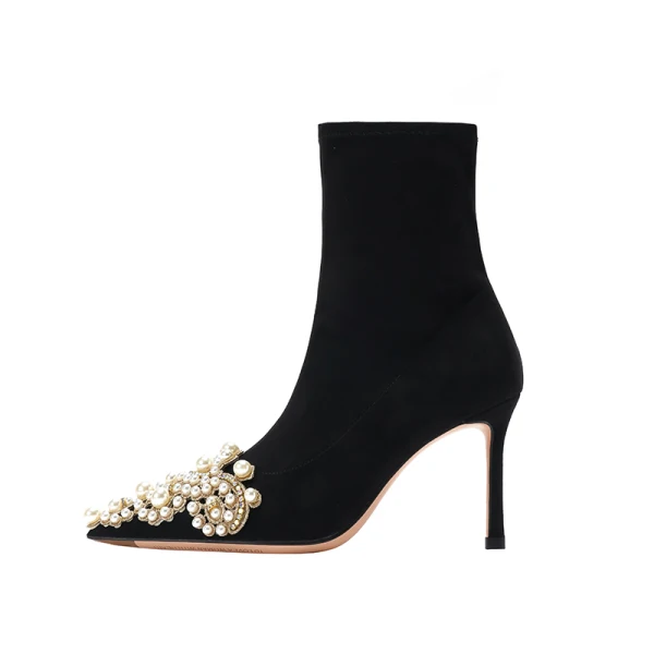 Fashion Black Street Wear Pearl Rhinestone Winter Womens Boots 2022 8 cm Stiletto Heels Pointed Toe Boots High Heels