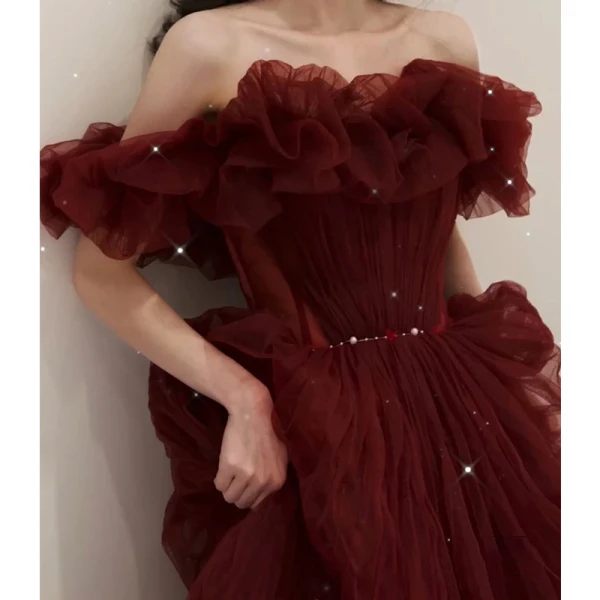 Charming Burgundy Pleated Prom Dresses 2022 A-Line / Princess Off-The-Shoulder Short Sleeve Backless Floor-Length / Long Formal Dresses