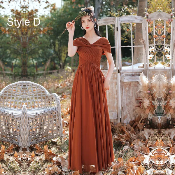 Modest / Simple Caramel Bridesmaid Dresses 2021 A-Line / Princess Short Sleeve Backless Floor-Length / Long Wedding Party Dresses