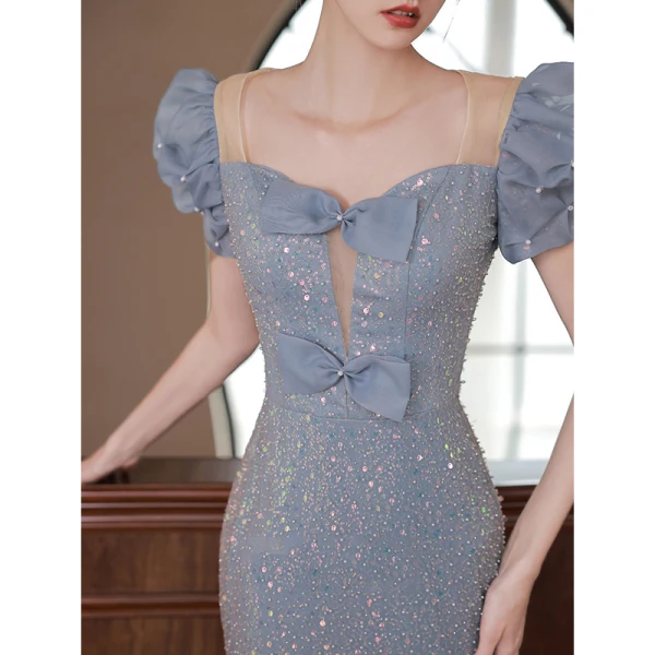 Charmant Bleu Ciel Paillettes Robe De Soirée 2022 Trompette / Sirène Encolure Carrée Noeud Gonflée Manches Courtes Dos Nu Longue Soirée Robe De Ceremonie