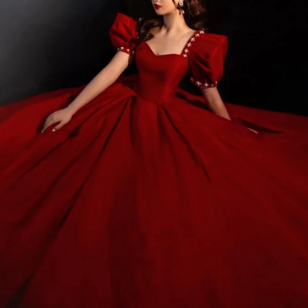 Elegant Burgundy Satin Prom Dresses 2022 A-Line / Princess Square Neckline Puffy Short Sleeve Backless Pearl Rhinestone Floor-Length / Long Prom Formal Dresses