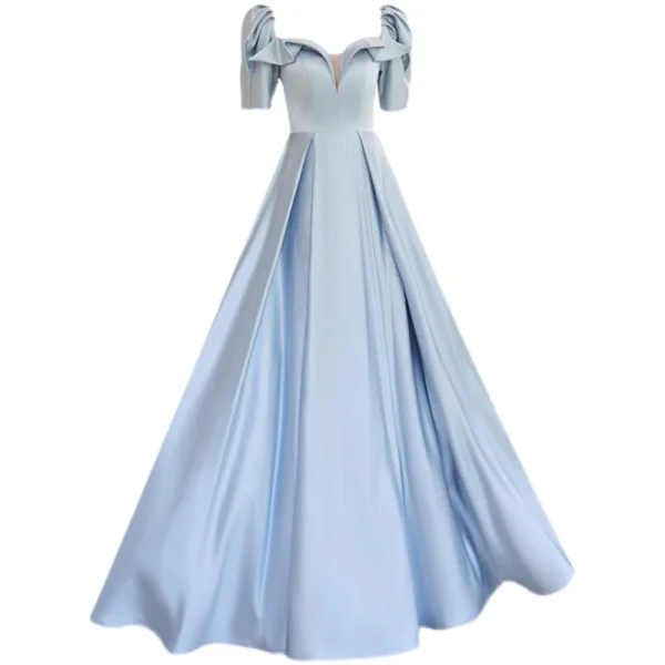 Elegant Sky Blue Satin Prom Dresses 2021 A-Line / Princess Square Neckline Short Sleeve Backless Floor-Length / Long Formal Dresses