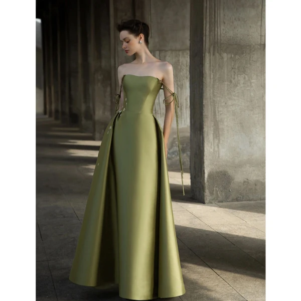 Vintage / Retro Olive Green Satin Evening Dresses 2022 A-Line / Princess Off-The-Shoulder Sleeveless Backless Split Front Floor-Length / Long Formal Dresses