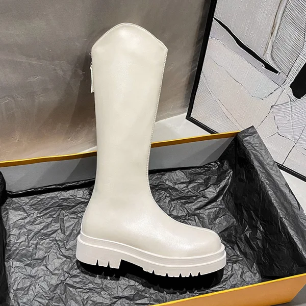 Mode Beige Vêtement de rue Hiver Bottes Femme 2022 Imperméables À Bout Rond Plate Bottes