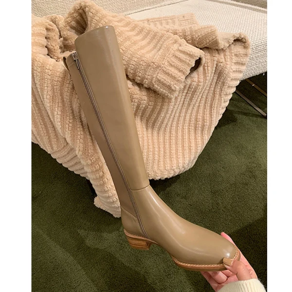 Moda Khaki Zużycie ulicy Zima Kozaki Damskie 2022 Płaskie Okrągłe Toe Boots