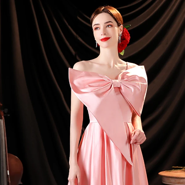Schön Pink Satin Ballkleider 2021 A Linie One-Shoulder Schleife Ärmellos Rückenfreies Lange Festliche Kleider